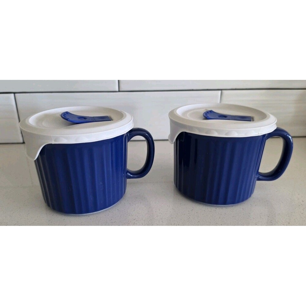 Corningware (2) Pop-ins 20 oz Soup Mug Blue Vented Plastic Cover